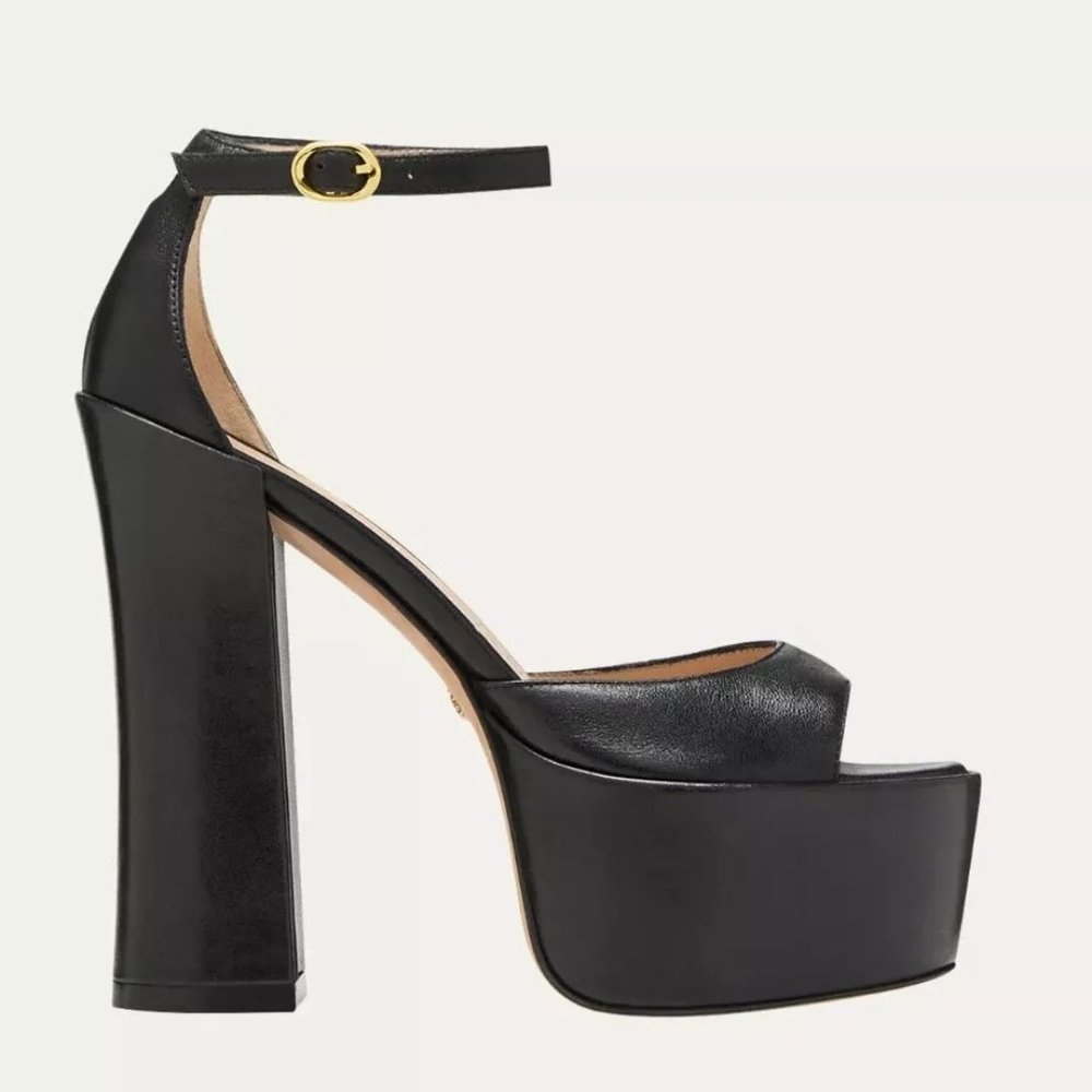 $550 STUART WEITZMAN Skyhigh 145 Platform Sandal BLACK LEATHER 6.5 (DB4)
